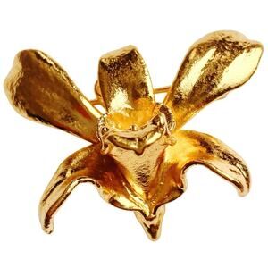 Signed Risis VTG Gold Orchid Brooch Pendant Heavy Electroform Floral Pin 80s